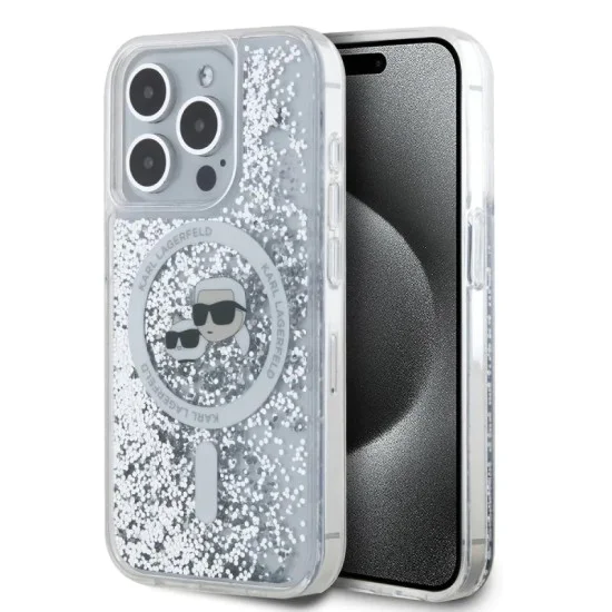 Калъф за iPhone 15 Pro Max - Karl Lagerfeld Liquid Glitter MagSafe (KLHMP15XLGKCSGH) - Transparent Karl&Choupette Head