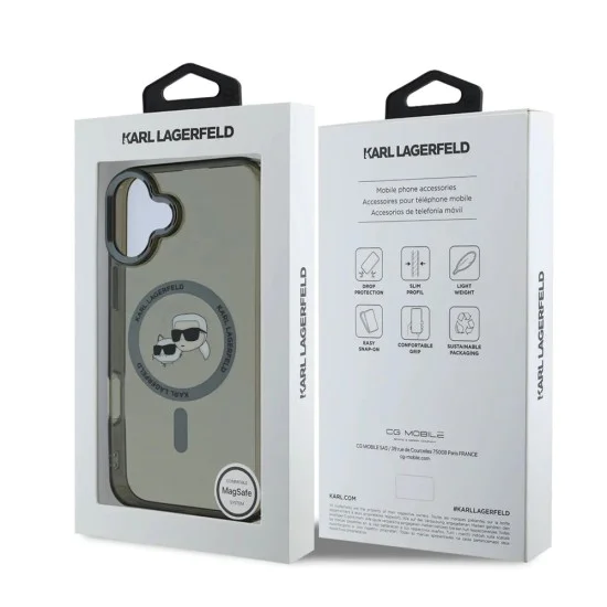 Калъф за iPhone 16 - Karl Lagerfeld IML MagSafe (KLHMP16SHLSKCK) - Metal Karl&Choupette Head
