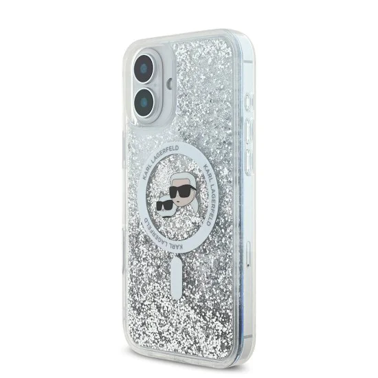 Калъф за iPhone 16 - Karl Lagerfeld Glitter Liquid MagSafe (KLHMP16SLGKKCSGH) - Transparent Karl&Choupette Head