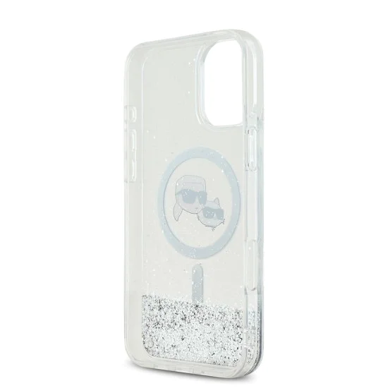 Калъф за iPhone 16 - Karl Lagerfeld Glitter Liquid MagSafe (KLHMP16SLGKKCSGH) - Transparent Karl&Choupette Head