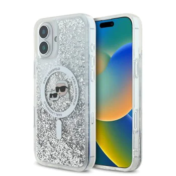 Калъф за iPhone 16 - Karl Lagerfeld Glitter Liquid MagSafe (KLHMP16SLGKKCSGH) - Transparent Karl&Choupette Head