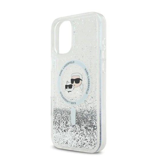 Калъф за iPhone 16 - Karl Lagerfeld Glitter Liquid MagSafe (KLHMP16SLGKKCSGH) - Transparent Karl&Choupette Head