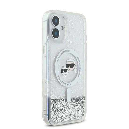 Калъф за iPhone 16 - Karl Lagerfeld Glitter Liquid MagSafe (KLHMP16SLGKKCSGH) - Transparent Karl&Choupette Head