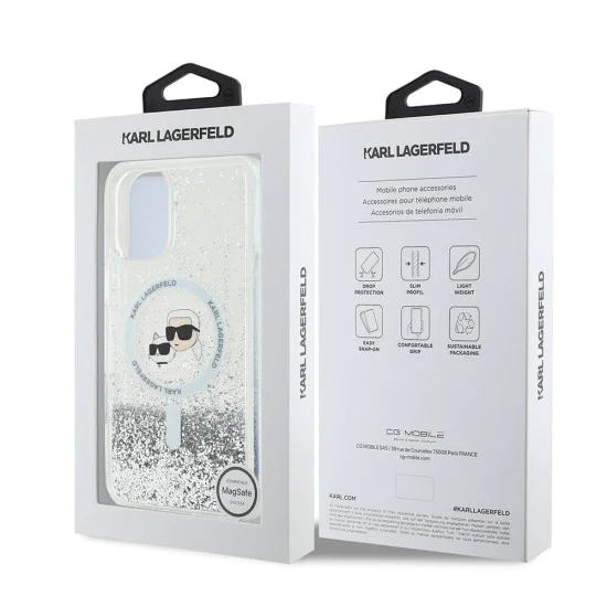Калъф за iPhone 16 - Karl Lagerfeld Glitter Liquid MagSafe (KLHMP16SLGKKCSGH) - Transparent Karl&Choupette Head