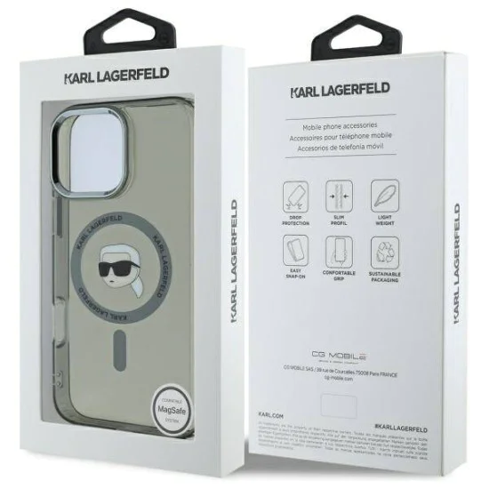 Калъф за iPhone 16 Pro - Karl Lagerfeld IML MagSafe (KLHMP16LHLHLSKIK) - Metal Karl`s Head