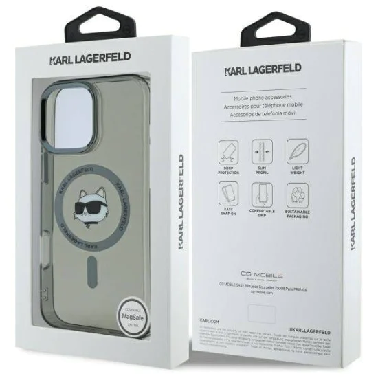Калъф за iPhone 16 Pro - Karl Lagerfeld IML MagSafe (KLHMP16LHLHLSCHK) - Metal Choupette`s Head