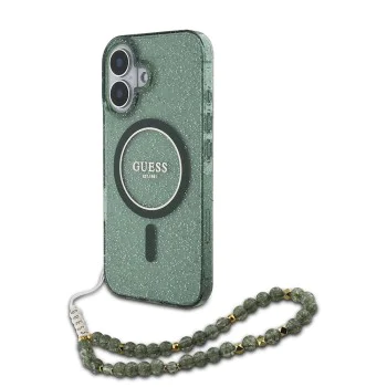 Калъф за iPhone 16 Plus - Guess IML Glitter with Pearl Strap MagSafe (GUHMP16MHGCGCRELSA) - Зелен