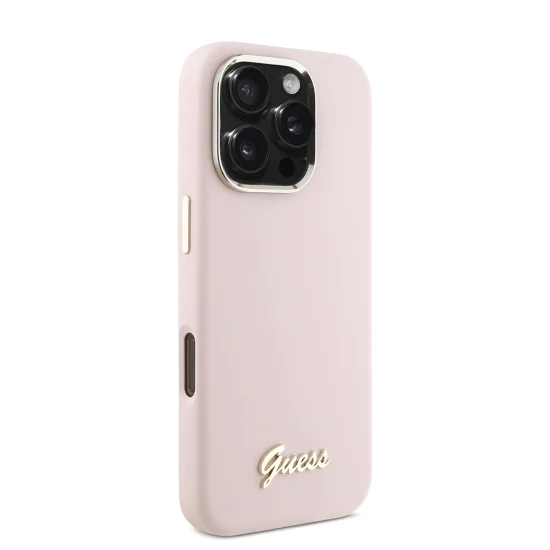 Калъф за iPhone 16 Pro - Guess Silicone Script Metal Logo & Frame (GUHCP16LSMBSLP) - Розов