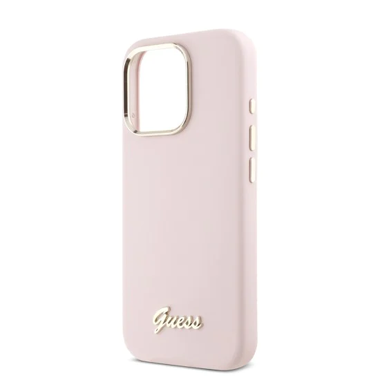 Калъф за iPhone 16 Pro - Guess Silicone Script Metal Logo & Frame (GUHCP16LSMBSLP) - Розов