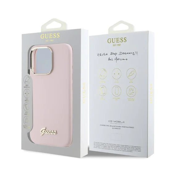 Калъф за iPhone 16 Pro - Guess Silicone Script Metal Logo & Frame (GUHCP16LSMBSLP) - Розов