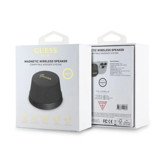 Преносим високоговорител TWS, Bluetooth V5.3, 700mAh, 3W - Guess Magnetic Script Metal (GUWSC3ALSMK) - Черен