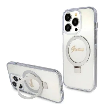 Калъф за iPhone 15 Pro - Guess Ring Stand Script Glitter MagSafe (GUHMP15LHRSGSD) - Прозрачен