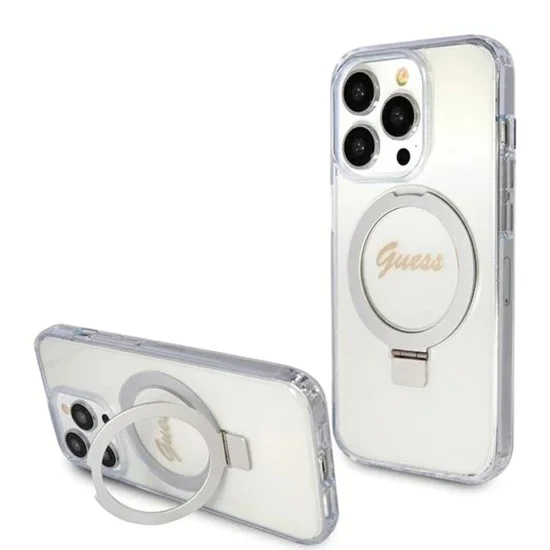 Калъф за iPhone 15 Pro - Guess Ring Stand Script Glitter MagSafe (GUHMP15LHRSGSD) - Прозрачен
