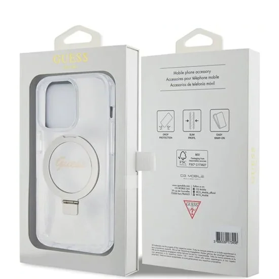 Калъф за iPhone 15 Pro - Guess Ring Stand Script Glitter MagSafe (GUHMP15LHRSGSD) - Прозрачен