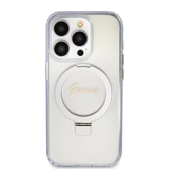 Калъф за iPhone 15 Pro - Guess Ring Stand Script Glitter MagSafe (GUHMP15LHRSGSD) - Прозрачен