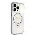 Калъф за iPhone 15 Pro - Guess Ring Stand Script Glitter MagSafe (GUHMP15LHRSGSD) - Прозрачен