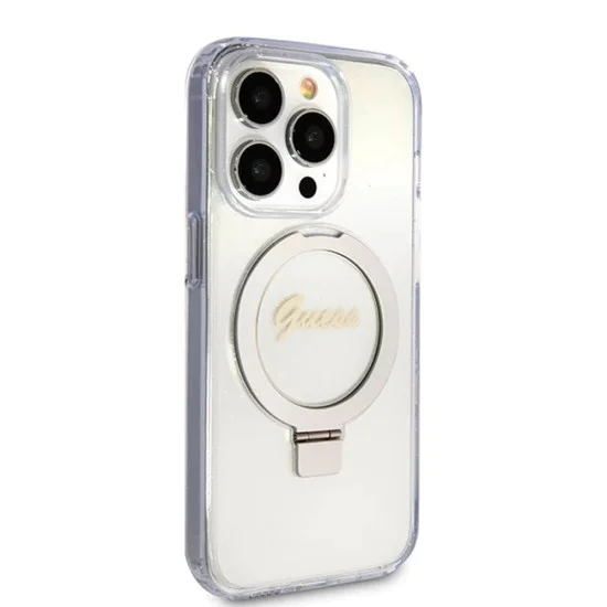 Калъф за iPhone 15 Pro - Guess Ring Stand Script Glitter MagSafe (GUHMP15LHRSGSD) - Прозрачен