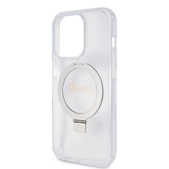 Калъф за iPhone 15 Pro - Guess Ring Stand Script Glitter MagSafe (GUHMP15LHRSGSD) - Прозрачен