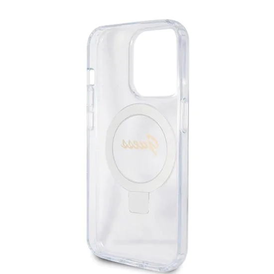 Калъф за iPhone 15 Pro - Guess Ring Stand Script Glitter MagSafe (GUHMP15LHRSGSD) - Прозрачен