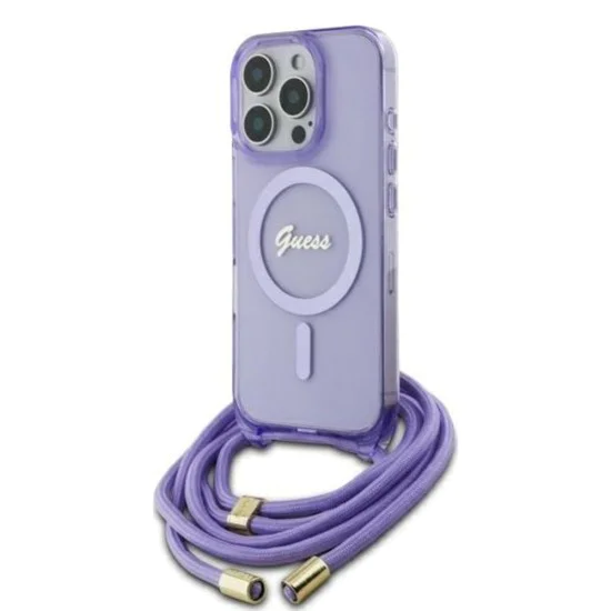 Калъф за iPhone 16 Pro - Guess IML Crossbody Cord Cord Script MagSafe (GUHMP16LHCTSGNSU) - Лилав