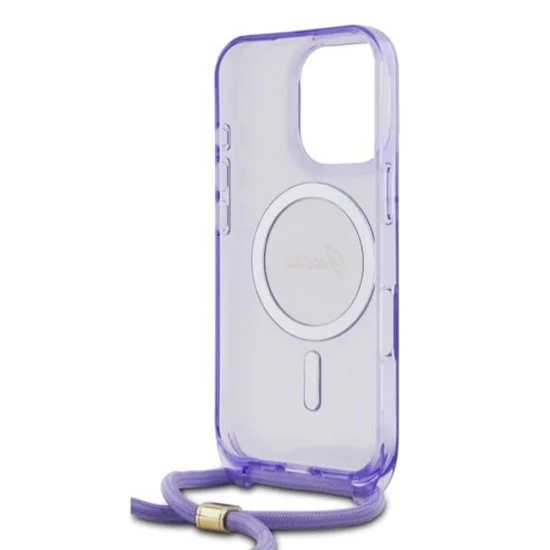 Калъф за iPhone 16 Pro - Guess IML Crossbody Cord Cord Script MagSafe (GUHMP16LHCTSGNSU) - Лилав