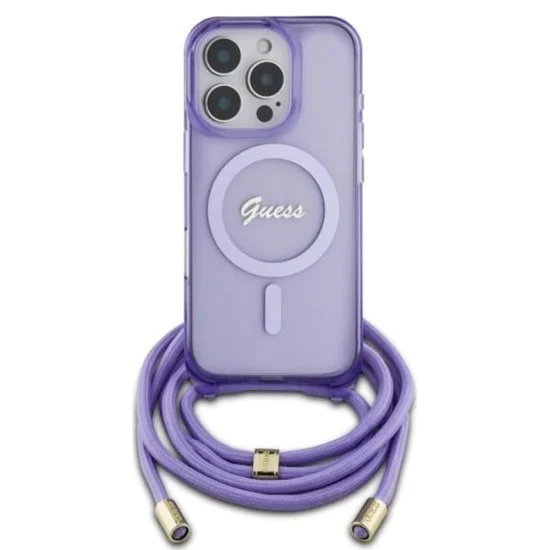 Калъф за iPhone 16 Pro - Guess IML Crossbody Cord Cord Script MagSafe (GUHMP16LHCTSGNSU) - Лилав