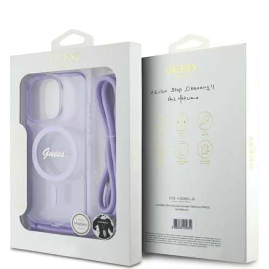 Калъф за iPhone 16 Pro - Guess IML Crossbody Cord Cord Script MagSafe (GUHMP16LHCTSGNSU) - Лилав
