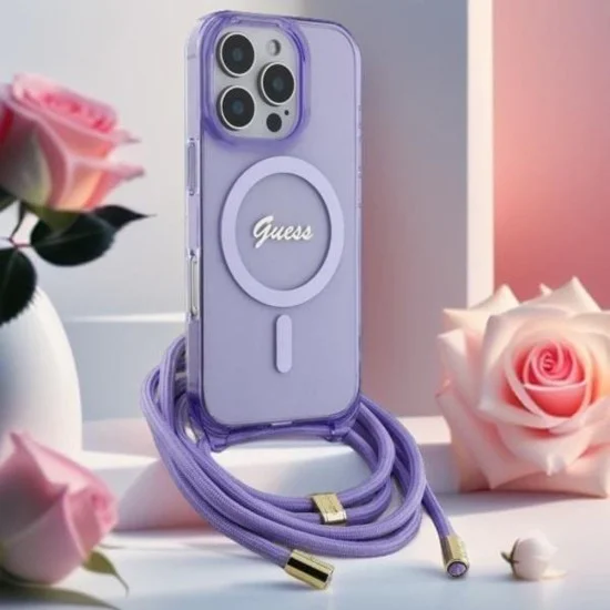 Калъф за iPhone 16 Pro - Guess IML Crossbody Cord Cord Script MagSafe (GUHMP16LHCTSGNSU) - Лилав
