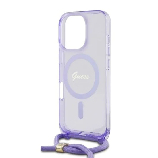Калъф за iPhone 16 Pro - Guess IML Crossbody Cord Cord Script MagSafe (GUHMP16LHCTSGNSU) - Лилав