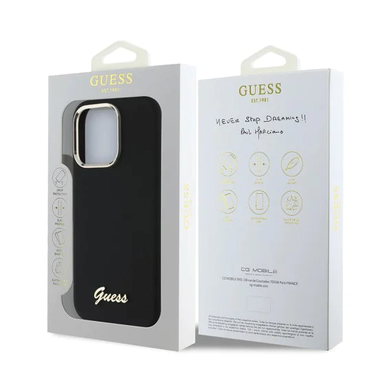 Калъф за iPhone 16 Pro - Guess - Silicone Script Metal Logo & Frame (GUHCP16LSMBSLK) - Черен