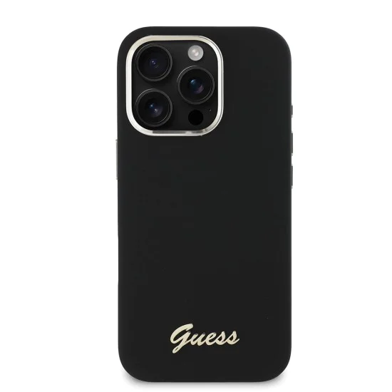 Калъф за iPhone 16 Pro - Guess - Silicone Script Metal Logo & Frame (GUHCP16LSMBSLK) - Черен