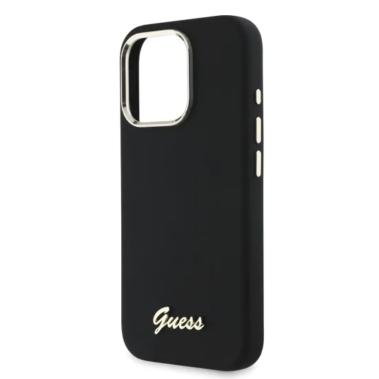 Калъф за iPhone 16 Pro - Guess - Silicone Script Metal Logo & Frame (GUHCP16LSMBSLK) - Черен