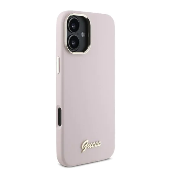 Калъф за iPhone 16 Plus - Guess Silicone Script Metal Metal Logo & Frame (GUHCP16MSMBSLP) - Розов