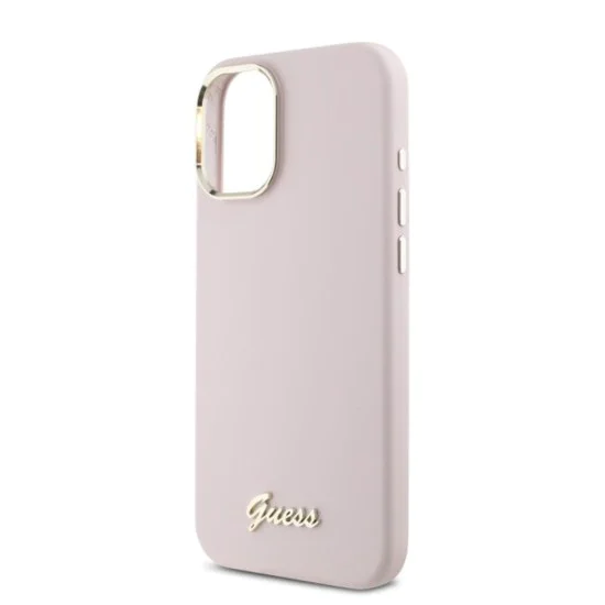 Калъф за iPhone 16 Plus - Guess Silicone Script Metal Metal Logo & Frame (GUHCP16MSMBSLP) - Розов