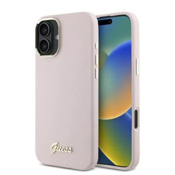 Калъф за iPhone 16 Plus - Guess Silicone Script Metal Metal Logo & Frame (GUHCP16MSMBSLP) - Розов