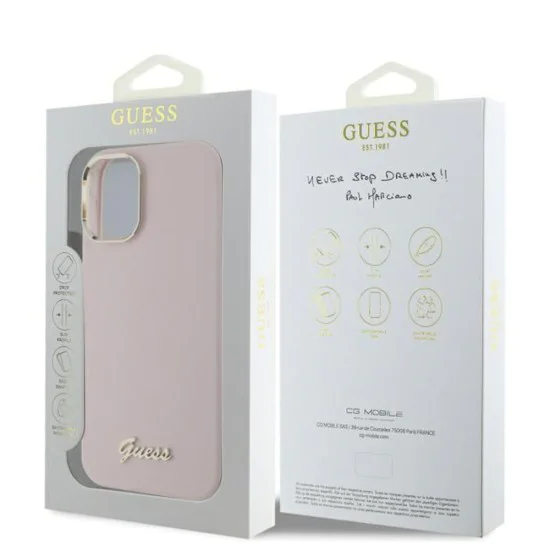 Калъф за iPhone 16 Plus - Guess Silicone Script Metal Metal Logo & Frame (GUHCP16MSMBSLP) - Розов