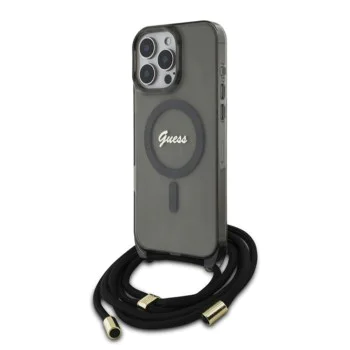 Калъф за iPhone 16 Pro - Guess IML Crossbody Cord Cord Script MagSafe (GUHMP16LHCTSGNSK) - черен