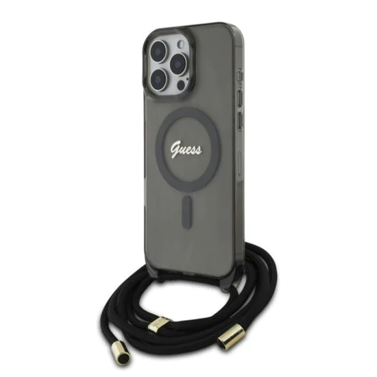 Калъф за iPhone 16 Pro - Guess IML Crossbody Cord Cord Script MagSafe (GUHMP16LHCTSGNSK) - черен