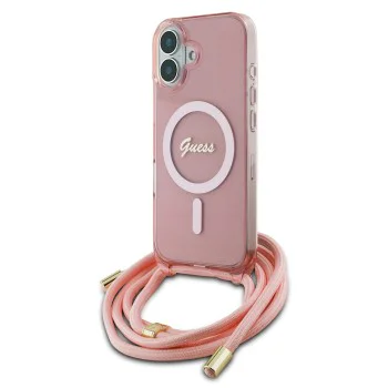 Калъф за iPhone 16 - Guess IML Crossbody Cord Cord Script MagSafe (GUHMP16SHCTSGNSP) - Розов