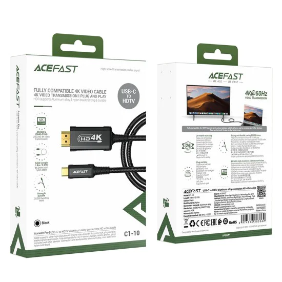 Видео кабел C1-10 – Acefast, Type-C към HDMI, 4k@60Hz, Plug and Play, 1,8 м – черен