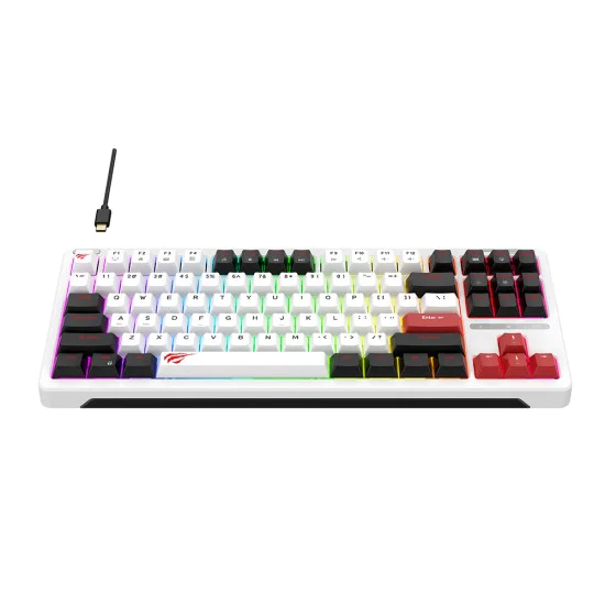 Havit - Геймърска клавиатура (KB902L) - USB-C, с RGB светлини, 1.8 м, 200 мА - Черна / Бяла / Червена