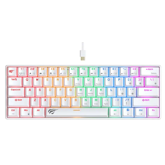 Havit - Геймърска клавиатура (KB903L) - USB-C, с RGB светлини, 1.8 м, 200 мА - Бяла