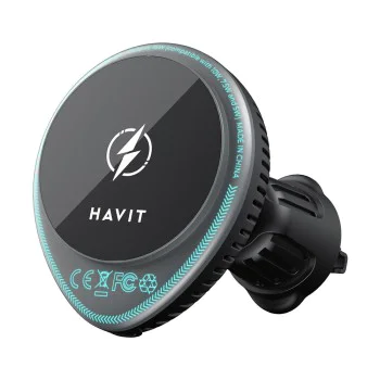 Havit - Стойка за кола с безжично зареждане (W3036) - с охладител, за вентилационен отвор, 15W - Черна