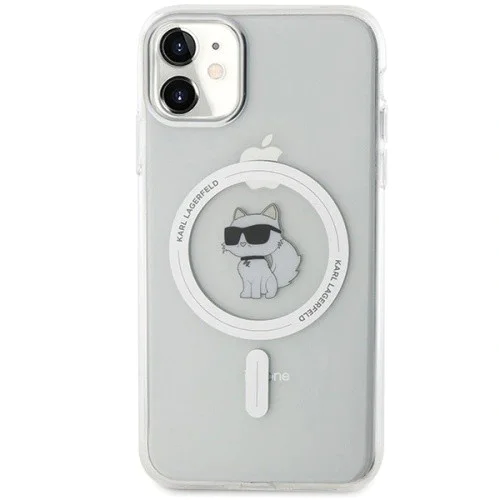 Калъф за iPhone 11 - Karl Lagerfeld IML MagSafe (KLHMN61HLHLSCHH) - Бял метал Choupette`s Head
