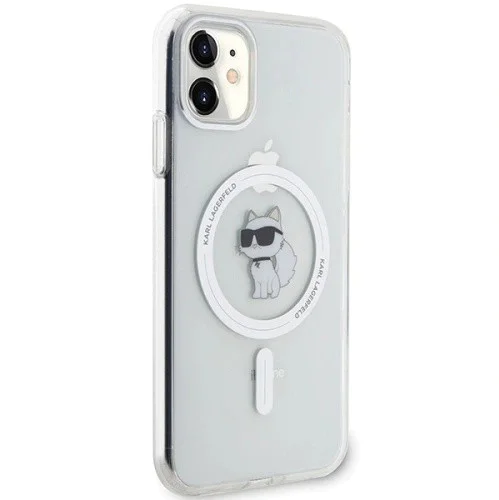 Калъф за iPhone 11 - Karl Lagerfeld IML MagSafe (KLHMN61HLHLSCHH) - Бял метал Choupette`s Head