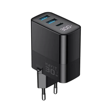 Havit - Зарядно за стена (UCLE001 EU) - 2x USB, Type-C, 30W, GaN технология - Черно