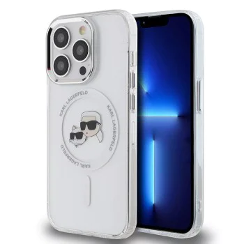 Калъф за iPhone 15 Pro Max - Karl Lagerfeld IML MagSafe (KLHMP15XHLSKCH) - White Metal Karl&Choupette Heads