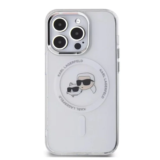 Калъф за iPhone 15 Pro Max - Karl Lagerfeld IML MagSafe (KLHMP15XHLSKCH) - White Metal Karl&Choupette Heads