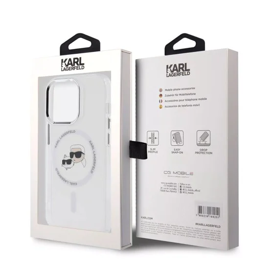 Калъф за iPhone 15 Pro Max - Karl Lagerfeld IML MagSafe (KLHMP15XHLSKCH) - White Metal Karl&Choupette Heads