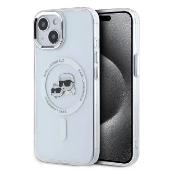 Калъф за iPhone 15 - Karl Lagerfeld IML MagSafe (KLHMP15SHLSKCH) - Бял метал Karl&Choupette Heads